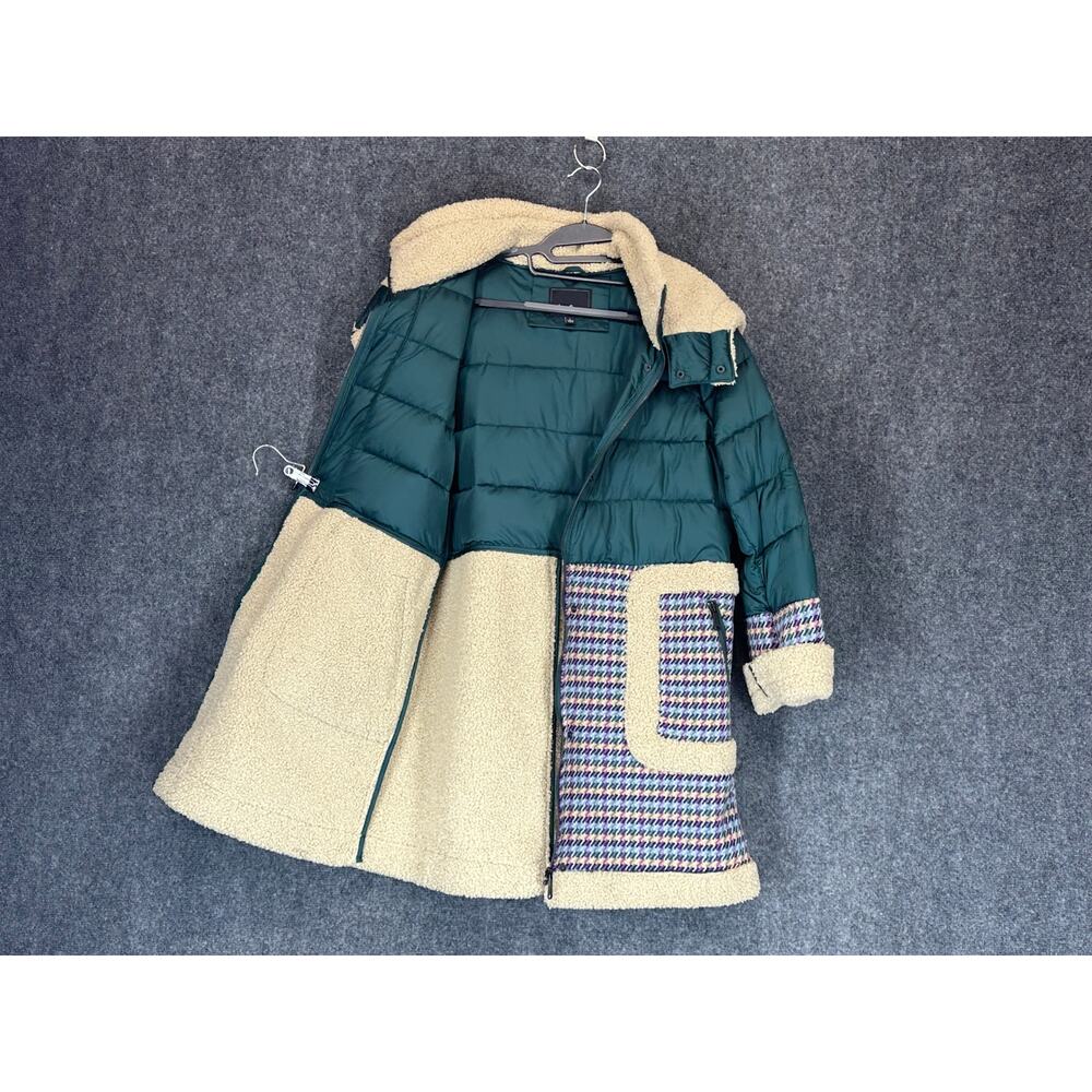 Sam Edelman Puffer Coat Womens L Teal Houndstooth Sherpa Hood Long Winter - Picture 5 of 13